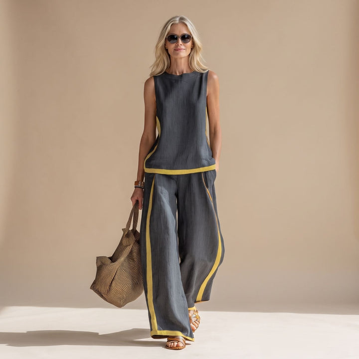 Veldwyn | Women's Boho Top & Wide-Leg Pants Set - Dark Grey - Image 1