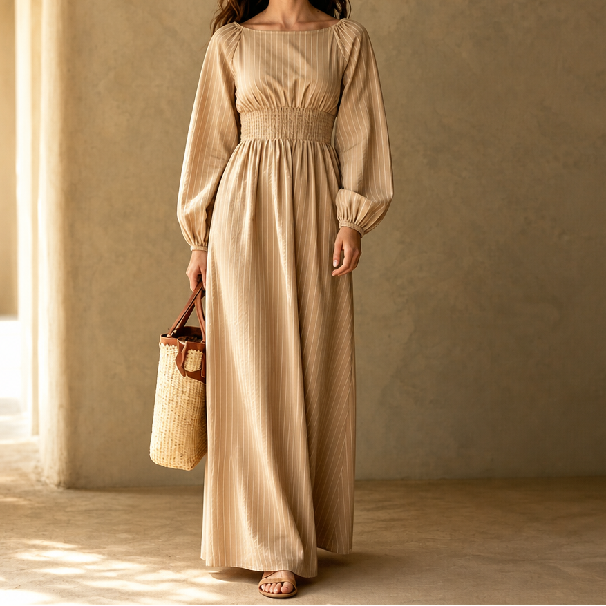Veldwyn | Women's Wedding Guest Maxi Dress Long Sleeve - Beige - Image 13