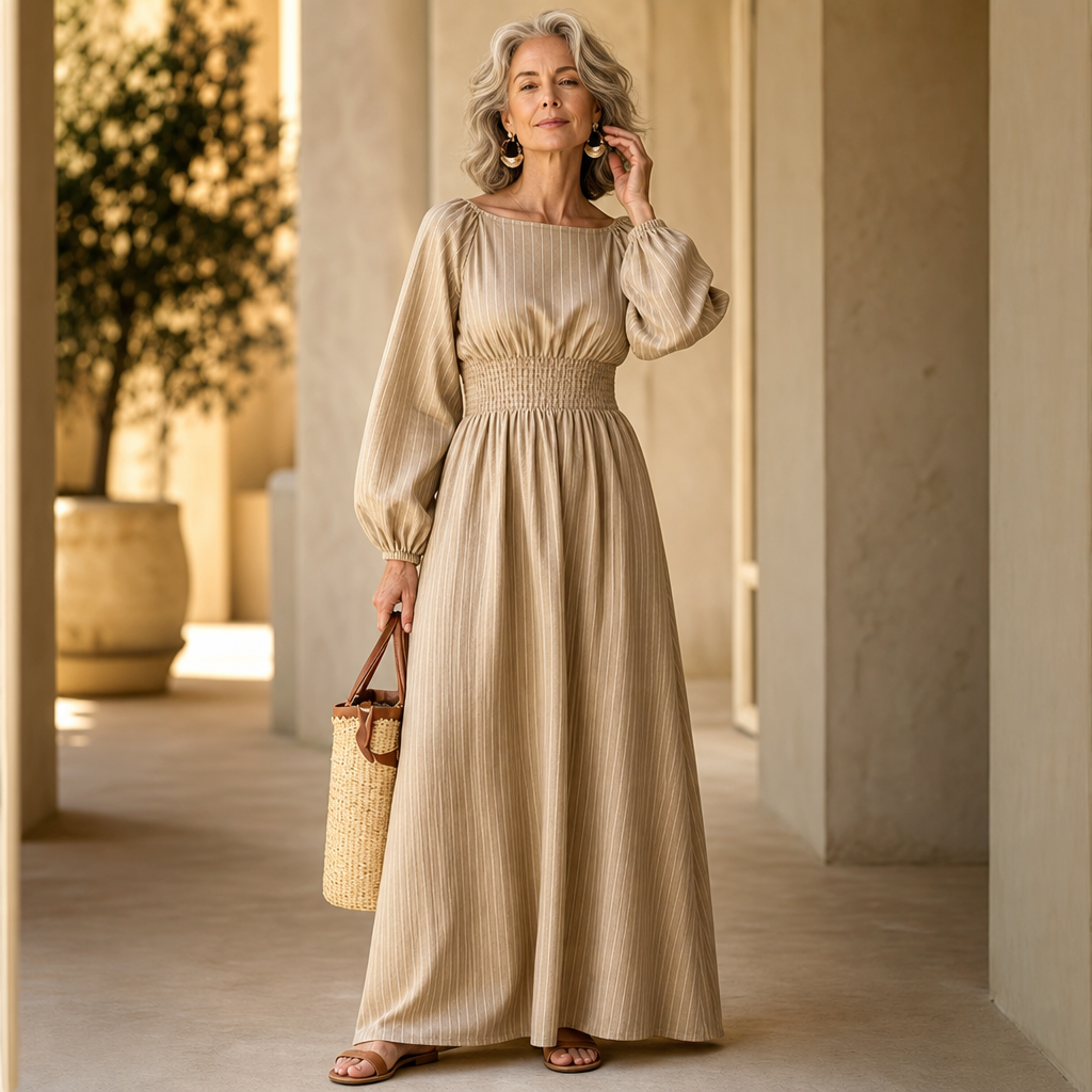 Veldwyn | Women's Wedding Guest Maxi Dress Long Sleeve - Beige - Image 3