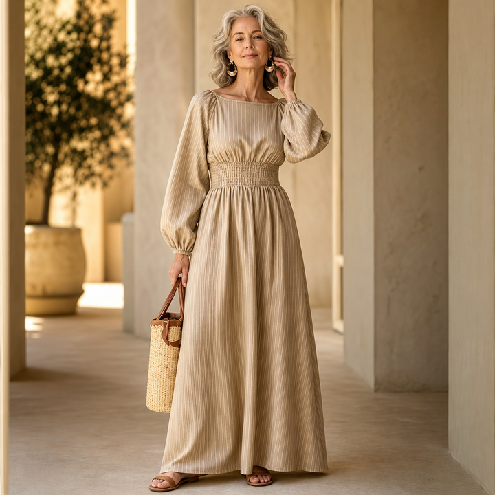 Veldwyn | Women's Wedding Guest Maxi Dress Long Sleeve - Beige - Image 3