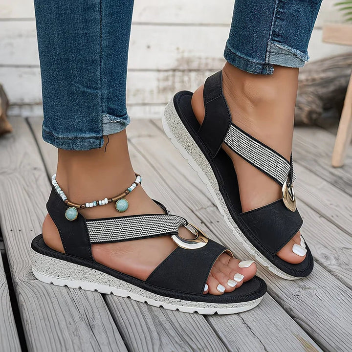 Velindra | Women's Strappy Flat Sandals Metal Detail - Navy - Image 7
