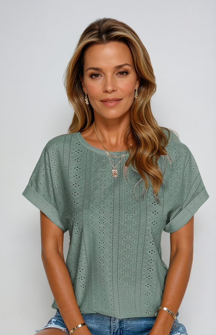 Vella | Women's Casual Eyelet Short Sleeve Top - White - Image 2