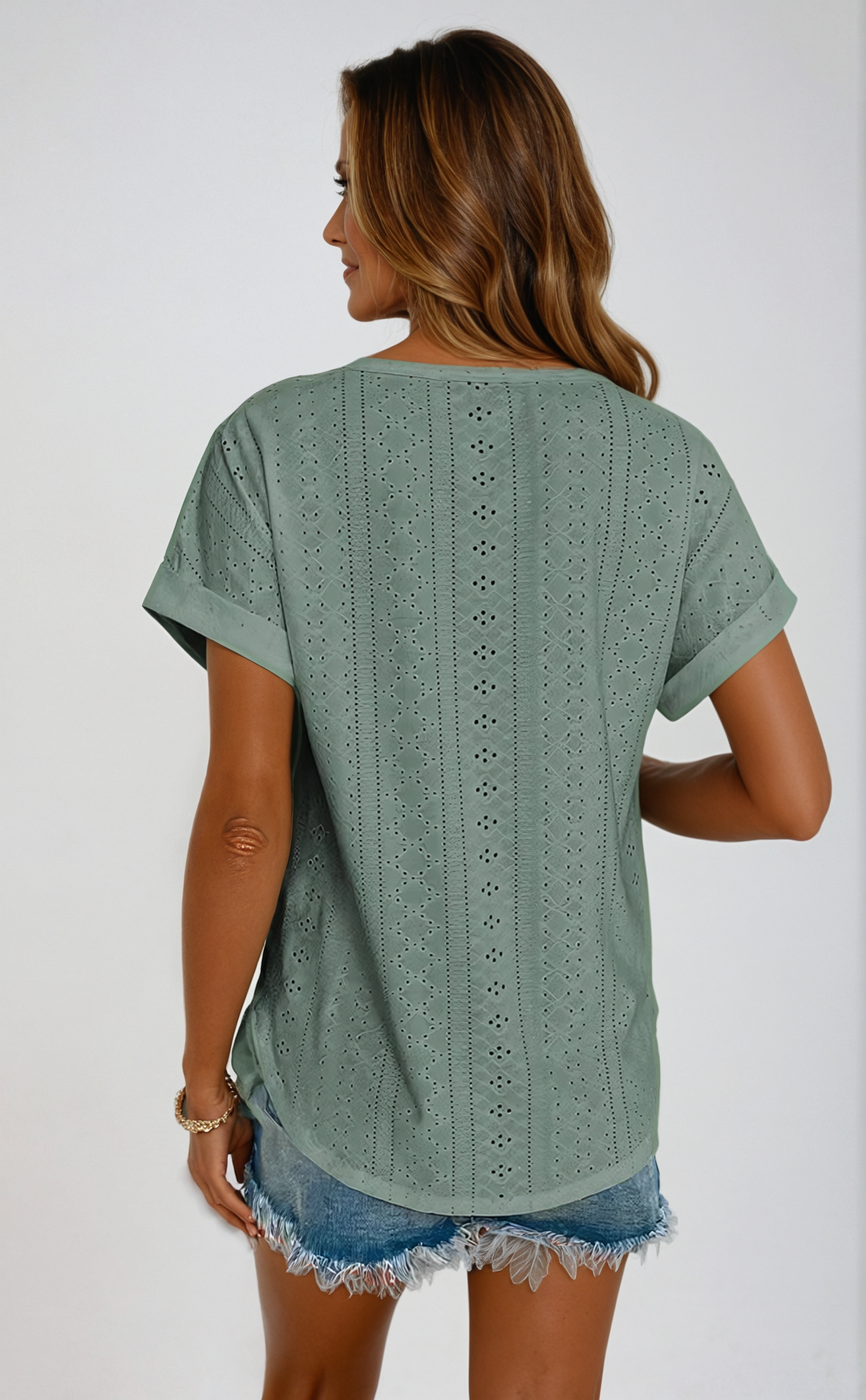 Vella | Women's Casual Eyelet Short Sleeve Top - White - Image 3