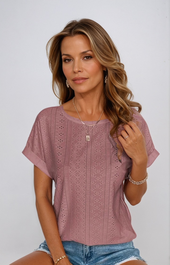 Vella | Women's Casual Eyelet Short Sleeve Top - White - Image 5