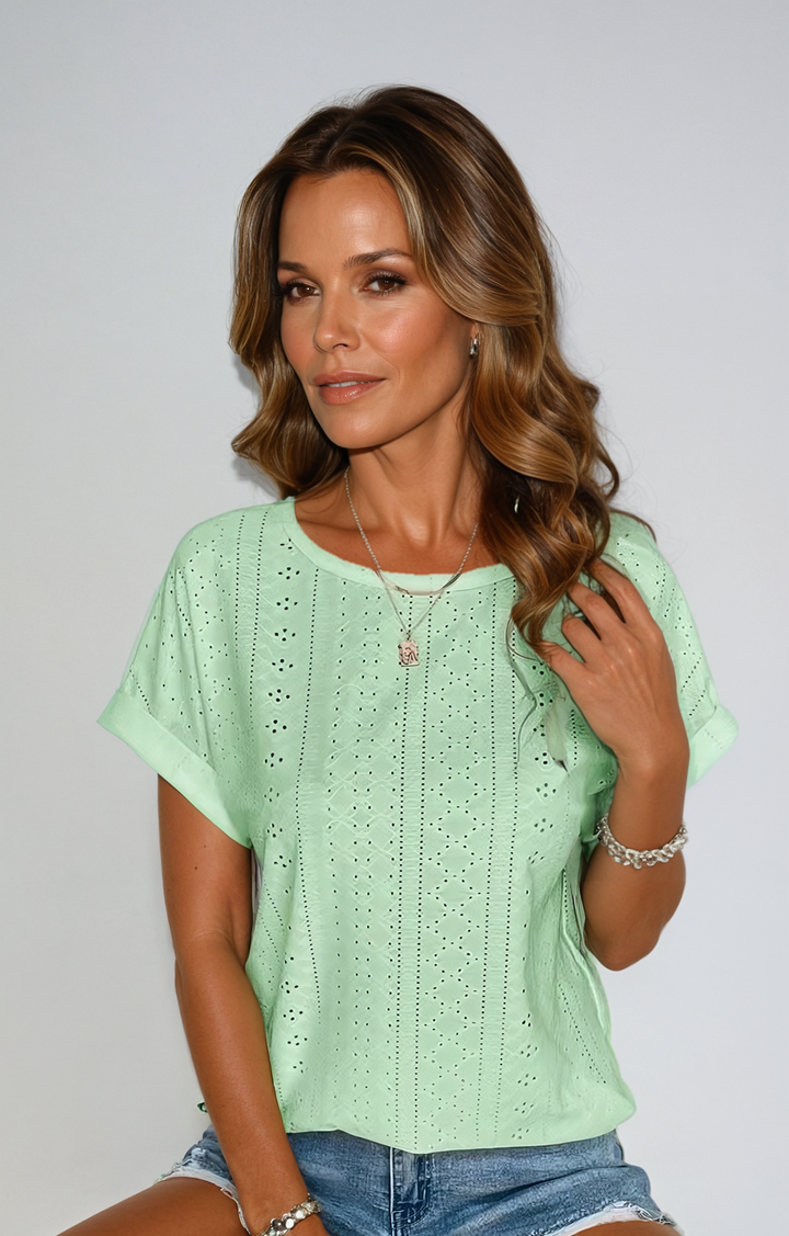 Vella | Women's Casual Eyelet Short Sleeve Top - White - Image 6