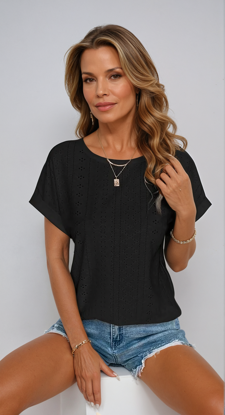 Vella | Women's Casual Eyelet Short Sleeve Top - White - Image 7