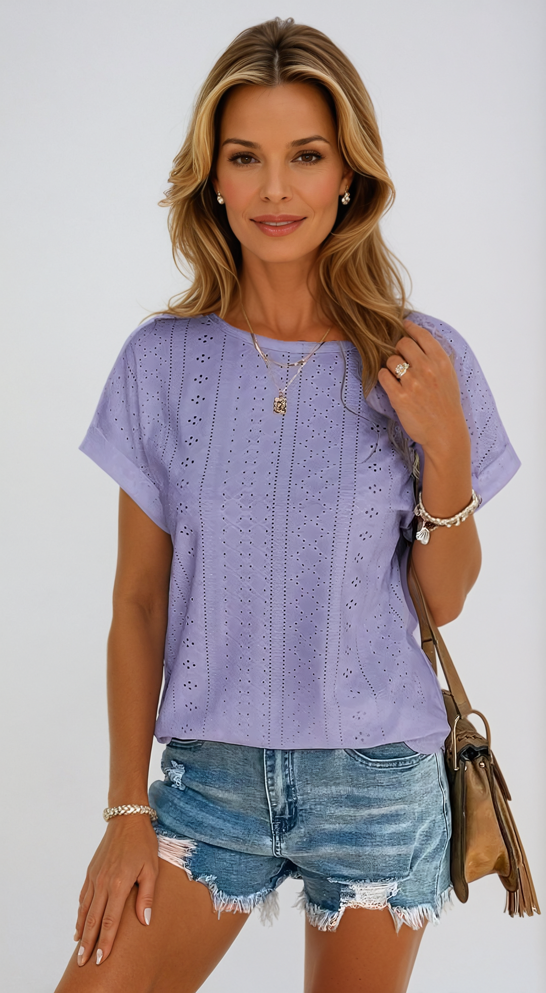 Vella | Women's Casual Eyelet Short Sleeve Top - White - Image 8