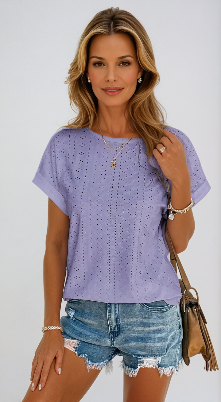 Vella | Women's Casual Eyelet Short Sleeve Top - White - Image 8