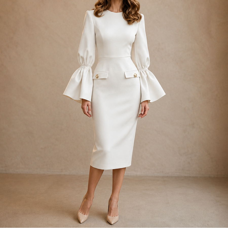 Velmara | Women's Bell Sleeve Bodycon Midi Dress - Cream - Image 13