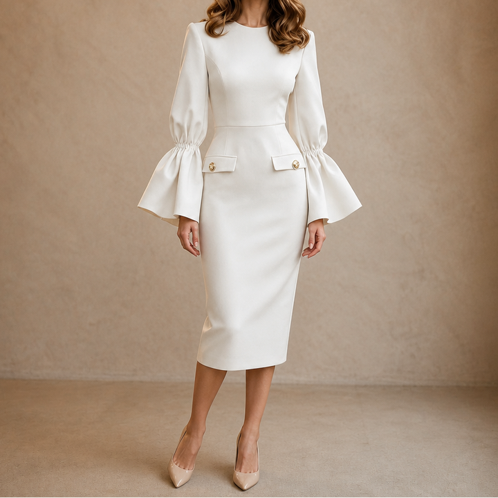 Velmara | Women's Bell Sleeve Bodycon Midi Dress - Cream - Image 13