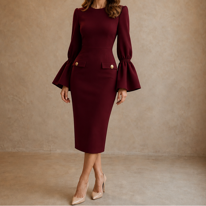 Velmara | Women's Bell Sleeve Bodycon Midi Dress - Cream - Image 16