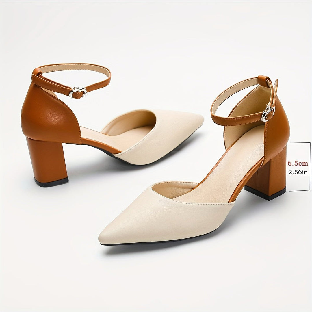 Velmaris | Women's Block Heels Two-Tone Ankle Strap - Cream - Image 4