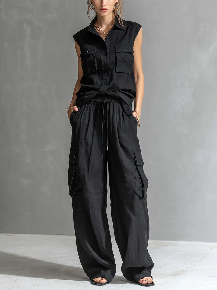 Velmira | Women's Linen Two Piece Cargo Co-ord Set - Black - Image 1