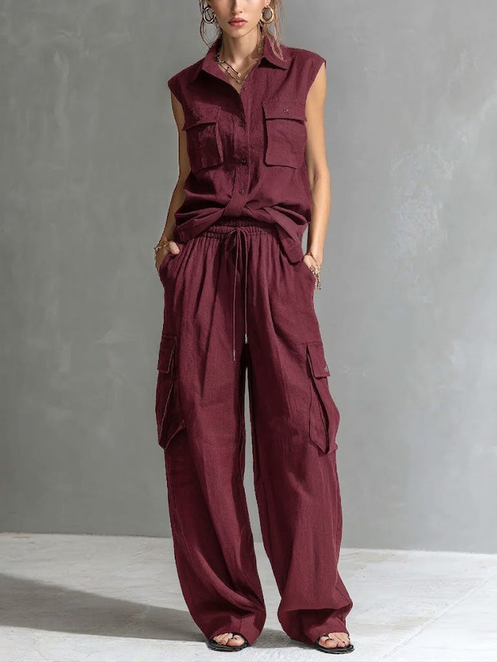 Velmira | Women's Linen Two Piece Cargo Co-ord Set - Black - Image 2