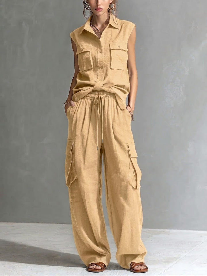 Velmira | Women's Linen Two Piece Cargo Co-ord Set - Black - Image 3