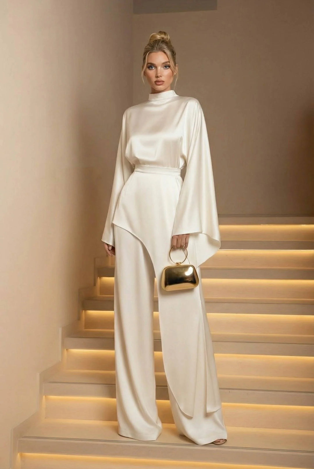 Velmonde | Women's Two Piece Set Wide Leg Pants - White - Image 1