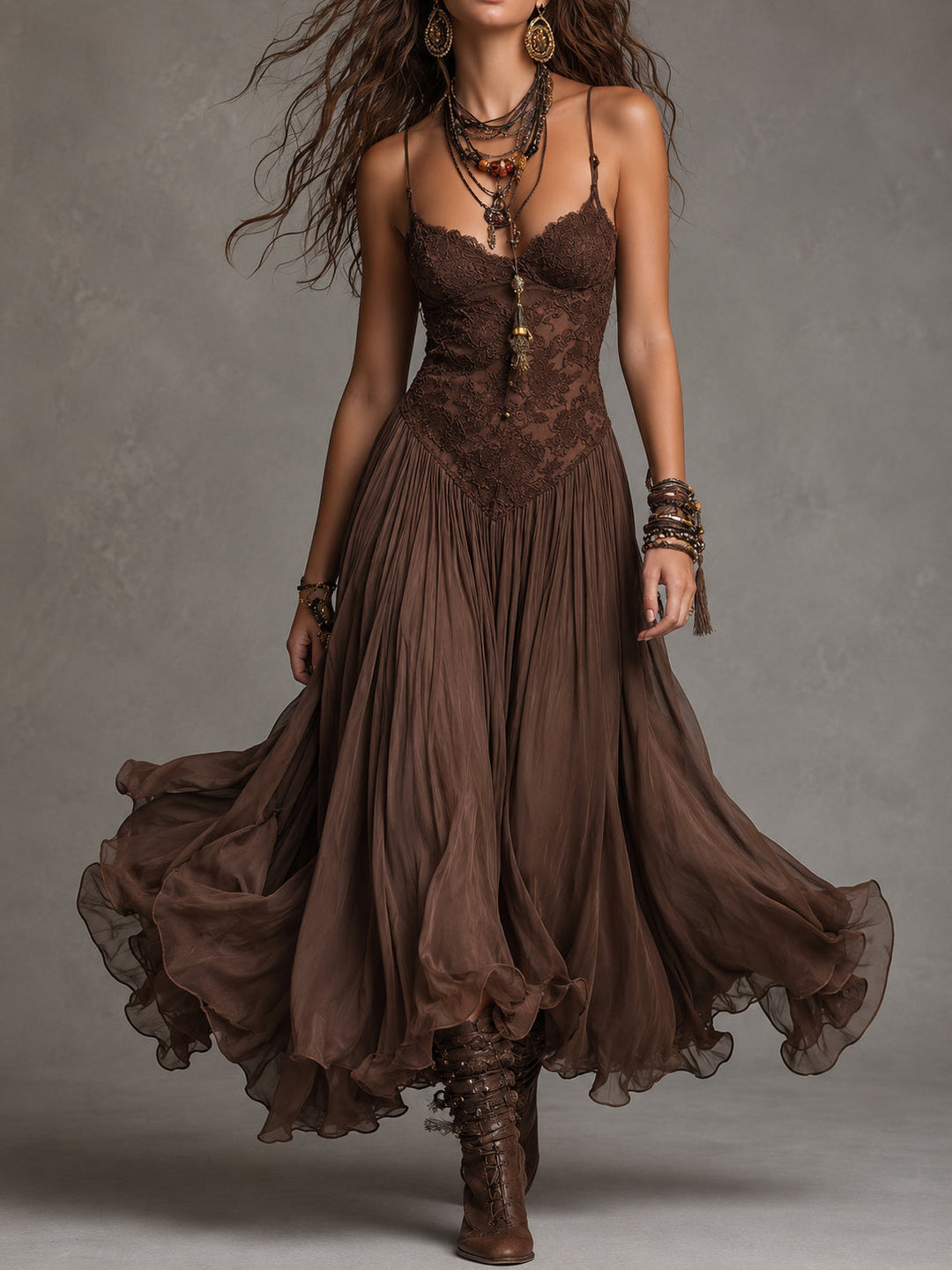 Velmorie | Women's Boho Lace Maxi Dress - Brown - Image 1