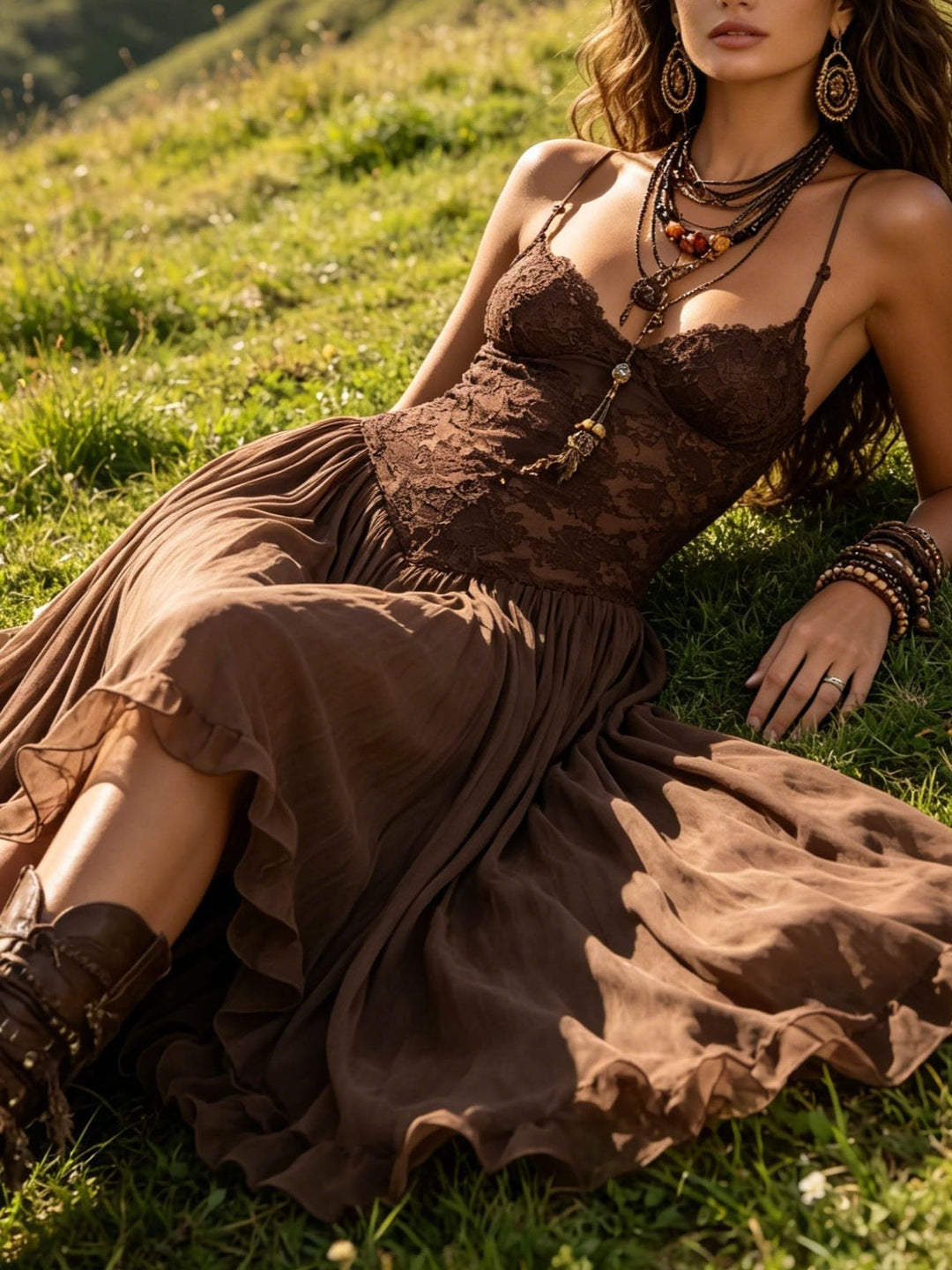 Velmorie | Women's Boho Lace Maxi Dress - Brown - Image 3