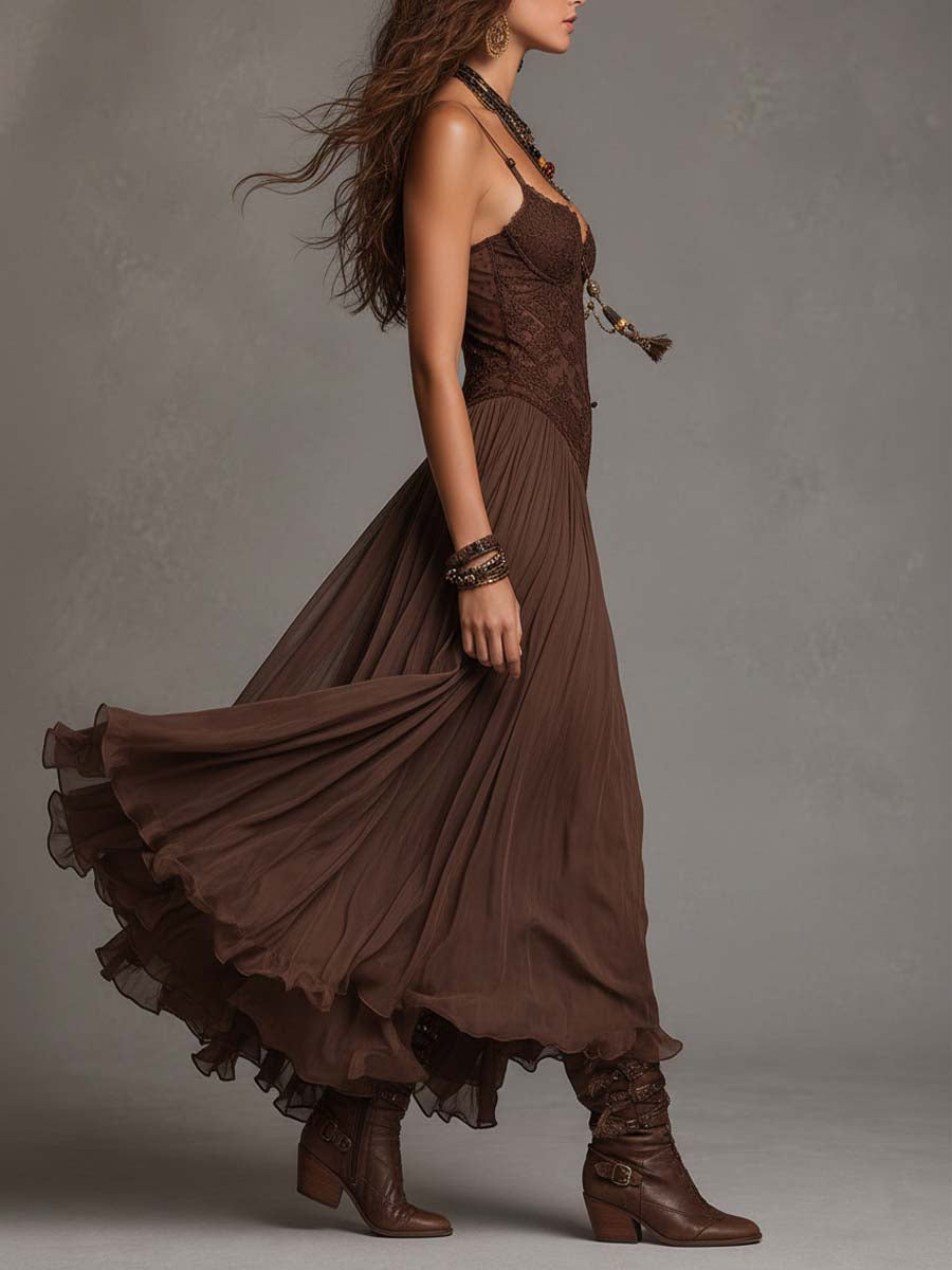 Velmorie | Women's Boho Lace Maxi Dress - Brown - Image 5