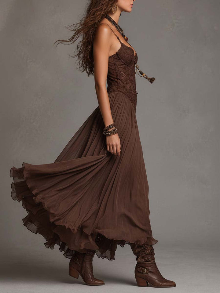 Velmorie | Women's Boho Lace Maxi Dress - Brown - Image 5