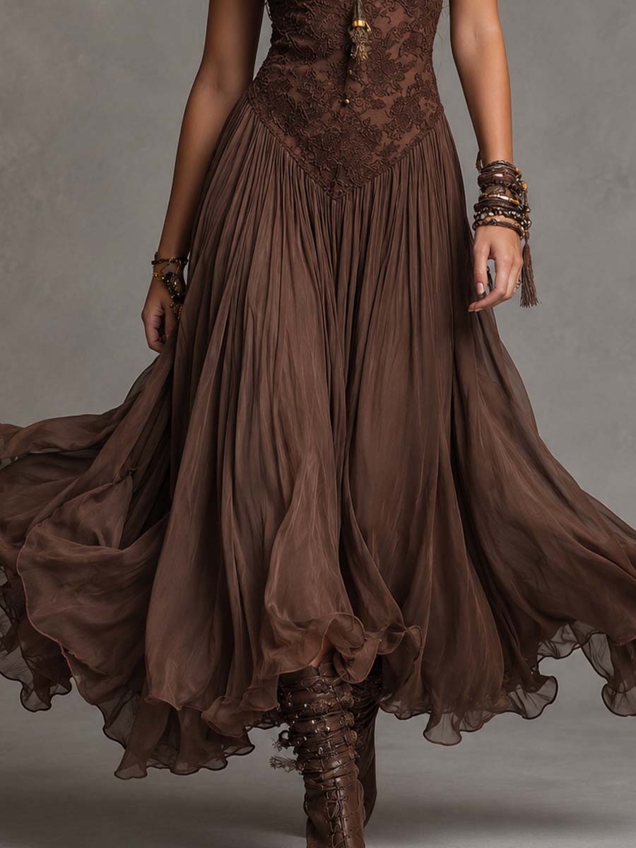 Velmorie | Women's Boho Lace Maxi Dress - Brown - Image 7