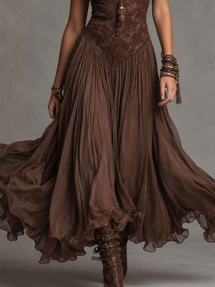 Velmorie | Women's Boho Lace Maxi Dress - Brown - Image 7