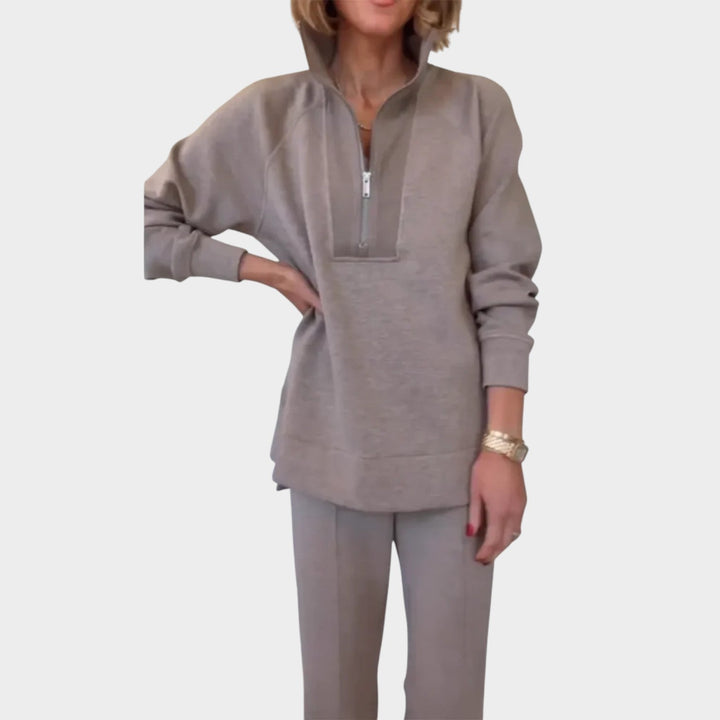 Velnara | Women's Two Piece Lounge Set Quarter Zip - Taupe - Image 2