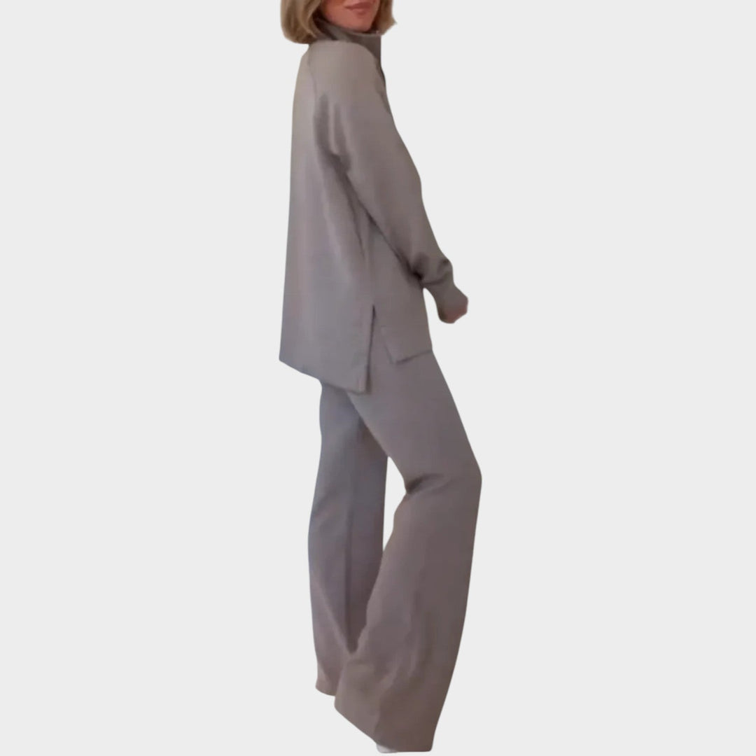Velnara | Women's Two Piece Lounge Set Quarter Zip - Taupe - Image 3