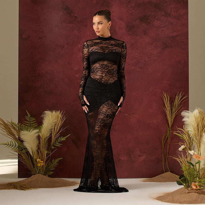 Velthressa | Women's Lace Maxi Dress Long Sleeve - Burgundy - Image 3