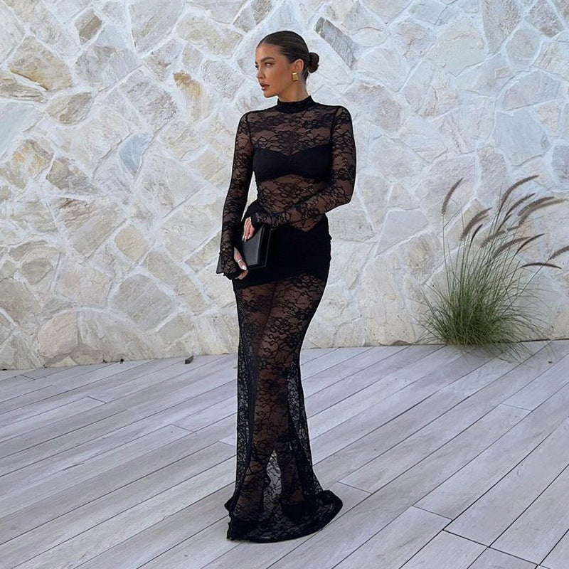Velthressa | Women's Lace Maxi Dress Long Sleeve - Burgundy - Image 4