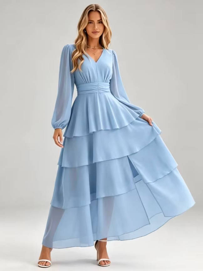 Velthryn | Women's Long Sleeve Tiered Maxi Dress - Light Blue - Image 1