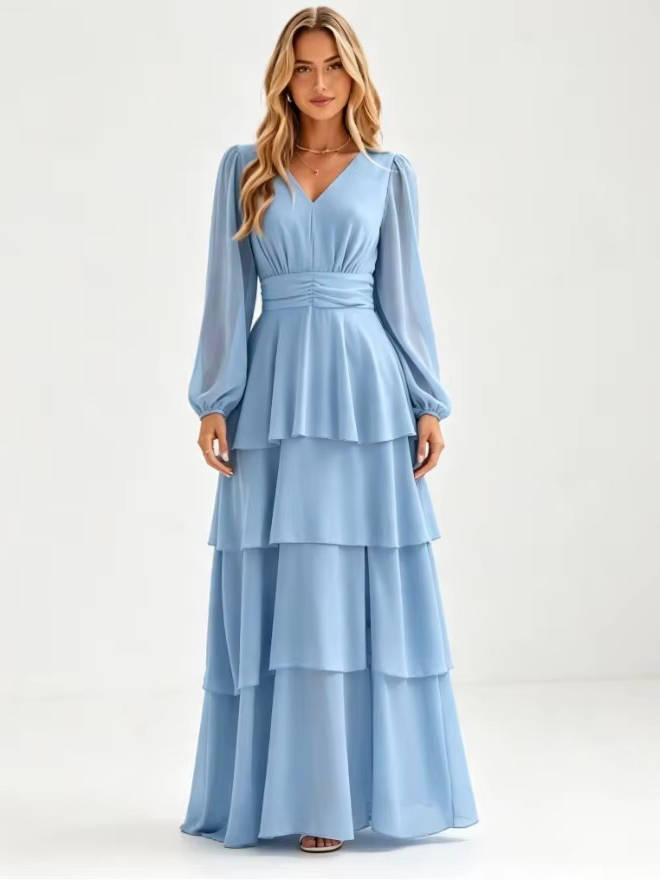 Velthryn | Women's Long Sleeve Tiered Maxi Dress - Light Blue - Image 2