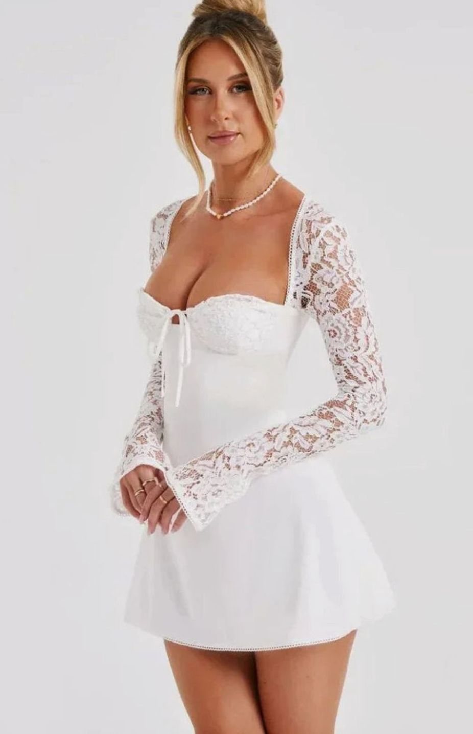 Velvaine | Women's Lace Long Sleeve Cocktail Mini Dress - White - Image 1