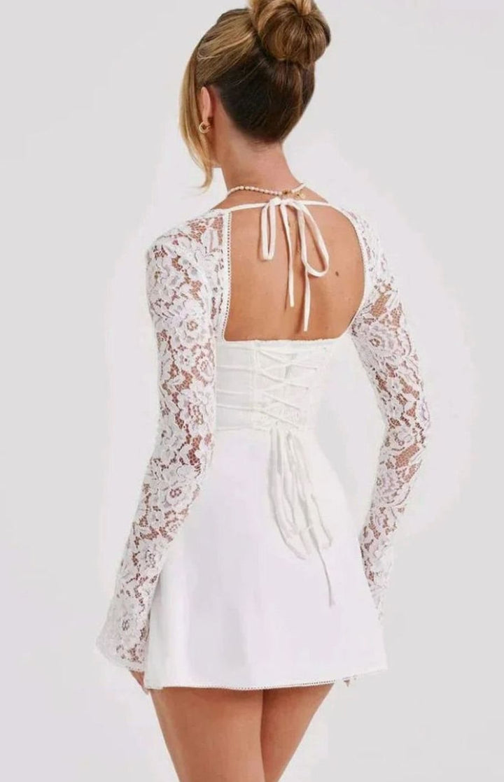 Velvaine | Women's Lace Long Sleeve Cocktail Mini Dress - White - Image 5