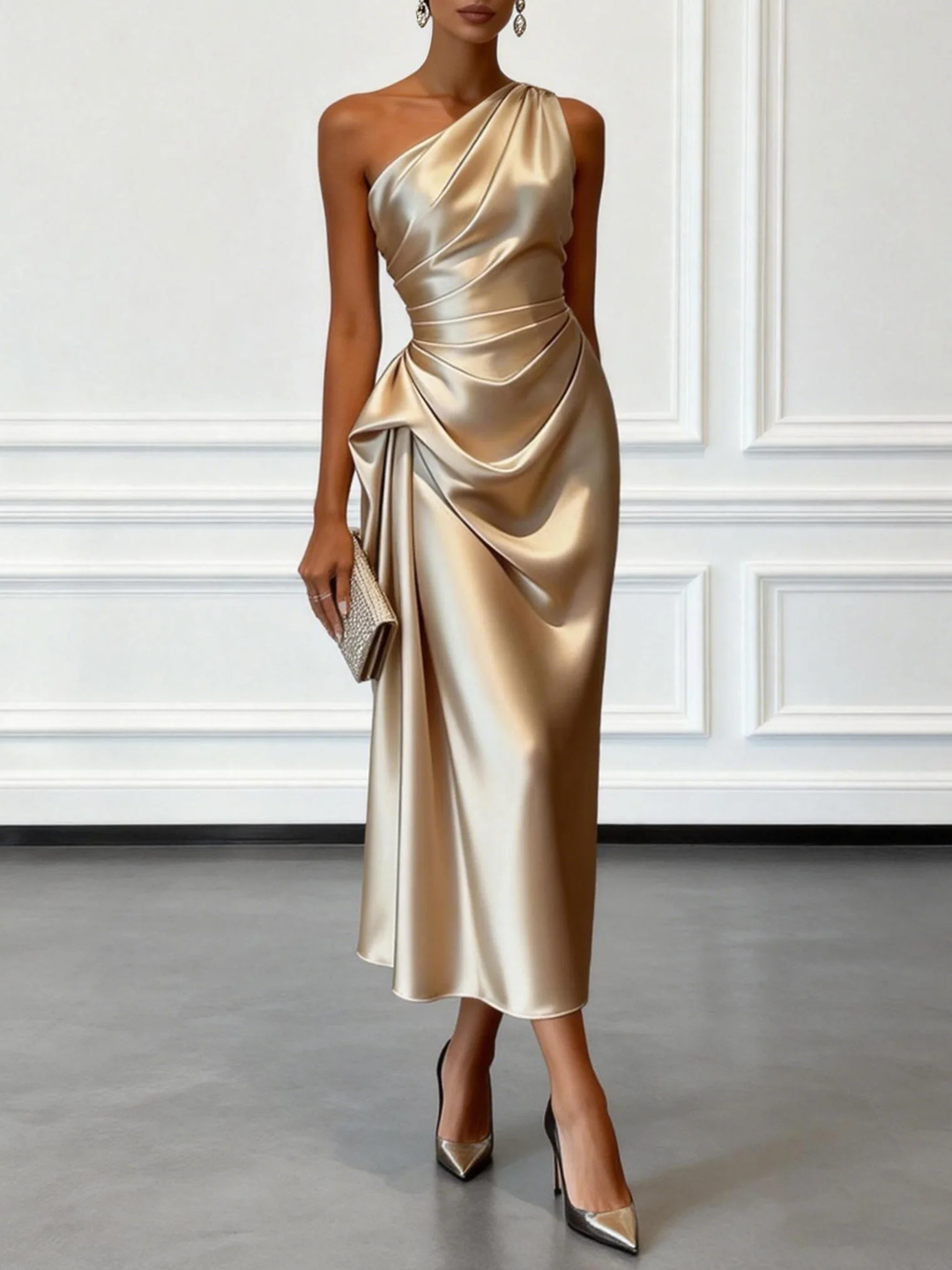 Velvara | Women's One-Shoulder Ruched Midi Dress - Champagne - Image 2