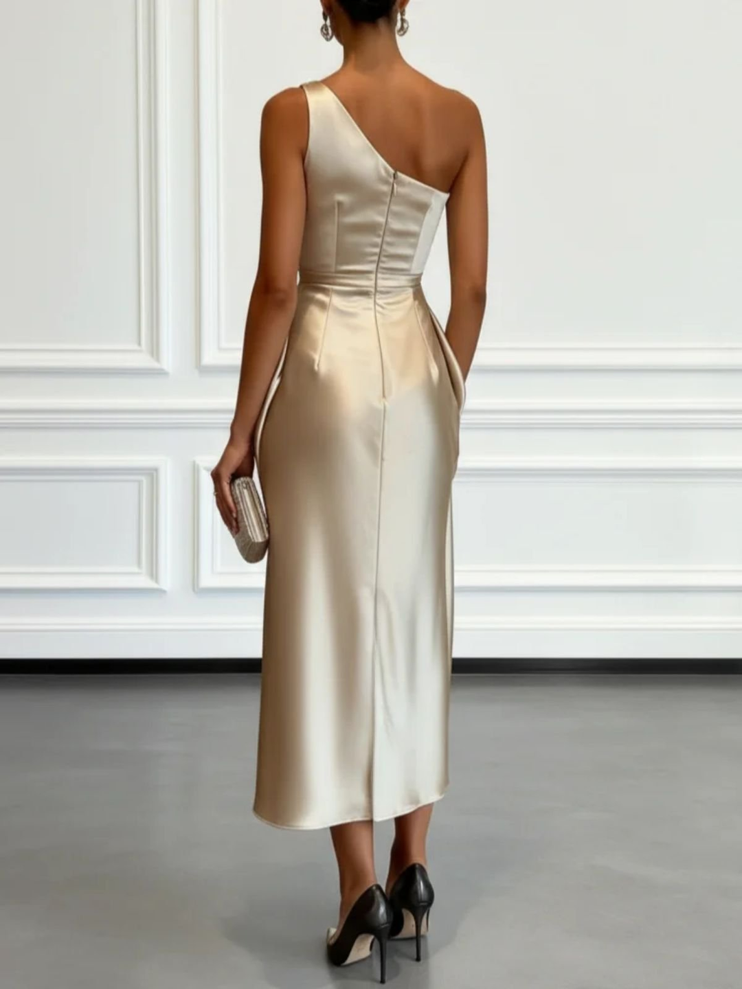 Velvara | Women's One-Shoulder Ruched Midi Dress - Champagne - Image 3