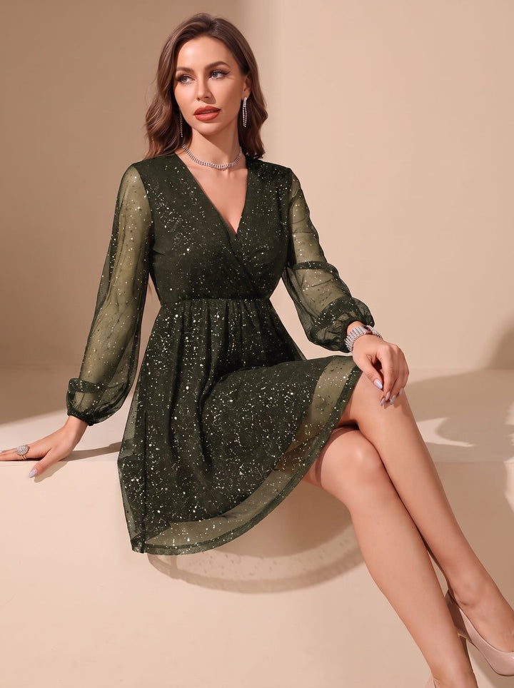 Velvindel | Women's Glitter Cocktail Dress Sheer Sleeve - Black - Image 10