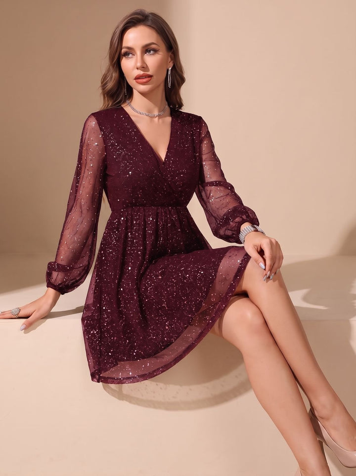 Velvindel | Women's Glitter Cocktail Dress Sheer Sleeve - Black - Image 4