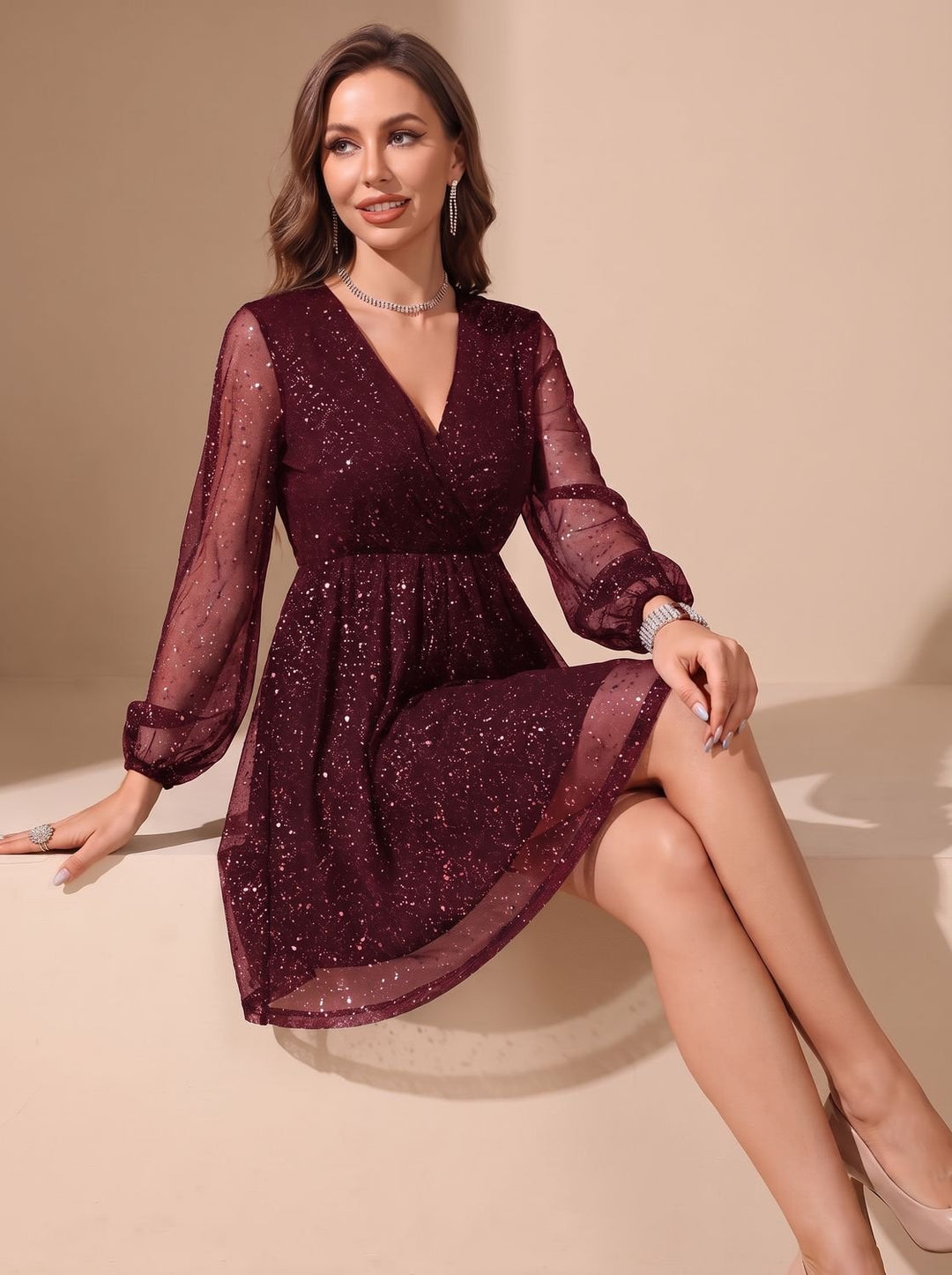 Velvindel | Women's Glitter Cocktail Dress Sheer Sleeve - Black - Image 5