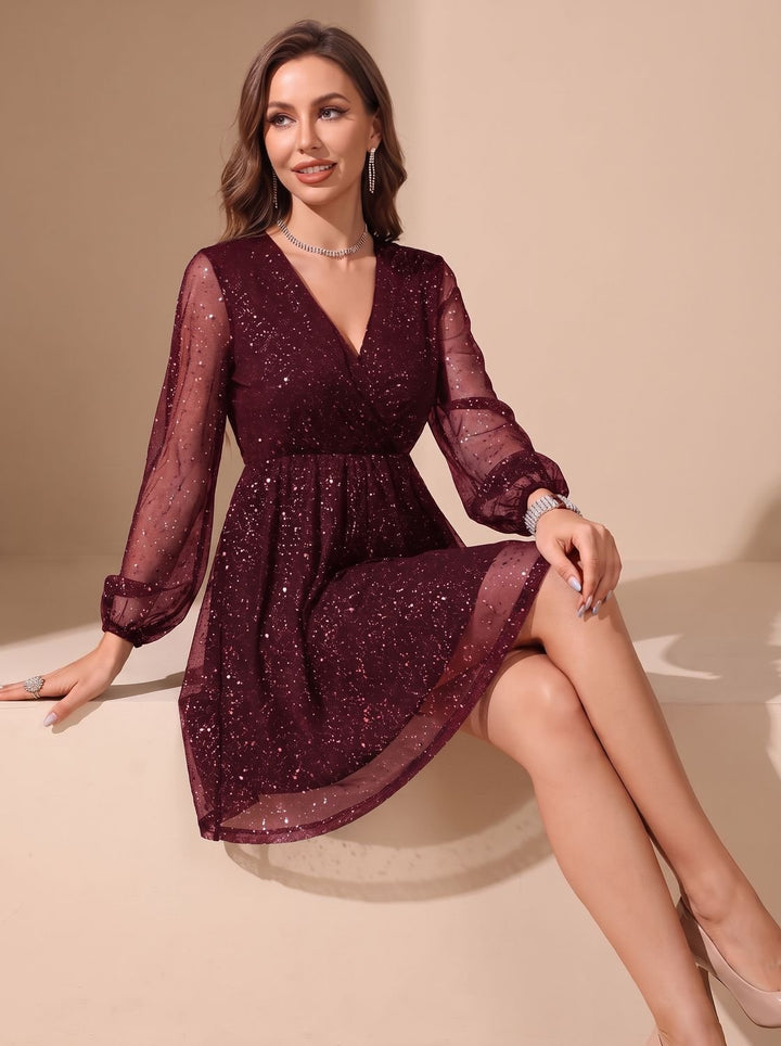 Velvindel | Women's Glitter Cocktail Dress Sheer Sleeve - Black - Image 5