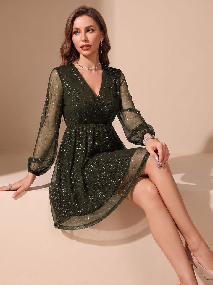 Velvindel | Women's Glitter Cocktail Dress Sheer Sleeve - Black - Image 6