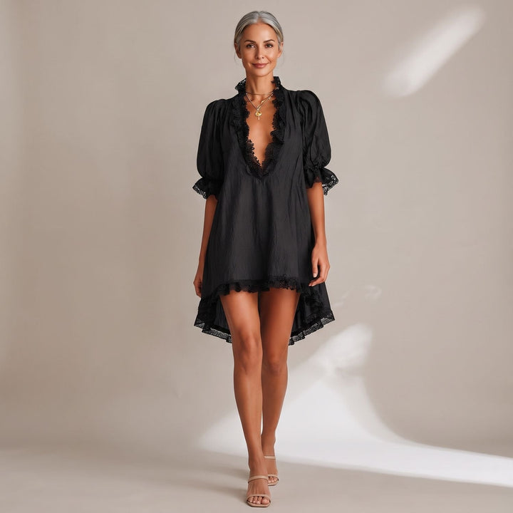 Velvindra | Women's Lace Trim Deep V-Neck Mini Dress - Black - Image 1