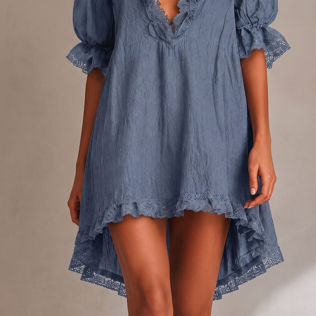 Velvindra | Women's Lace Trim Deep V-Neck Mini Dress - Black - Image 12