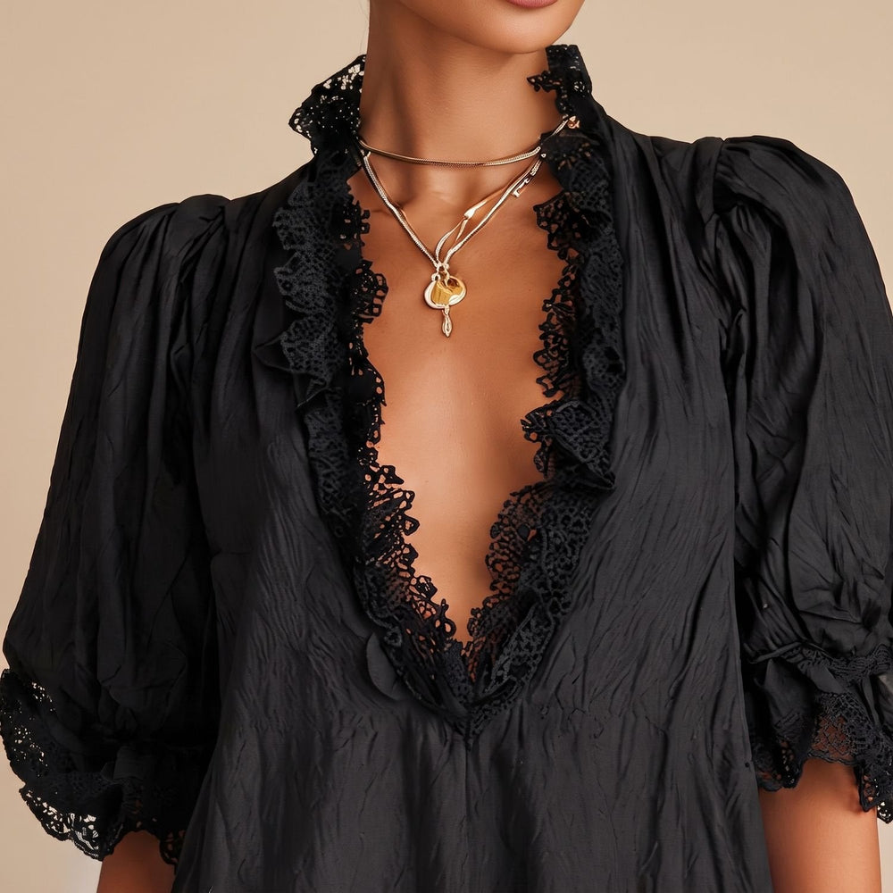 Velvindra | Women's Lace Trim Deep V-Neck Mini Dress - Black - Image 2
