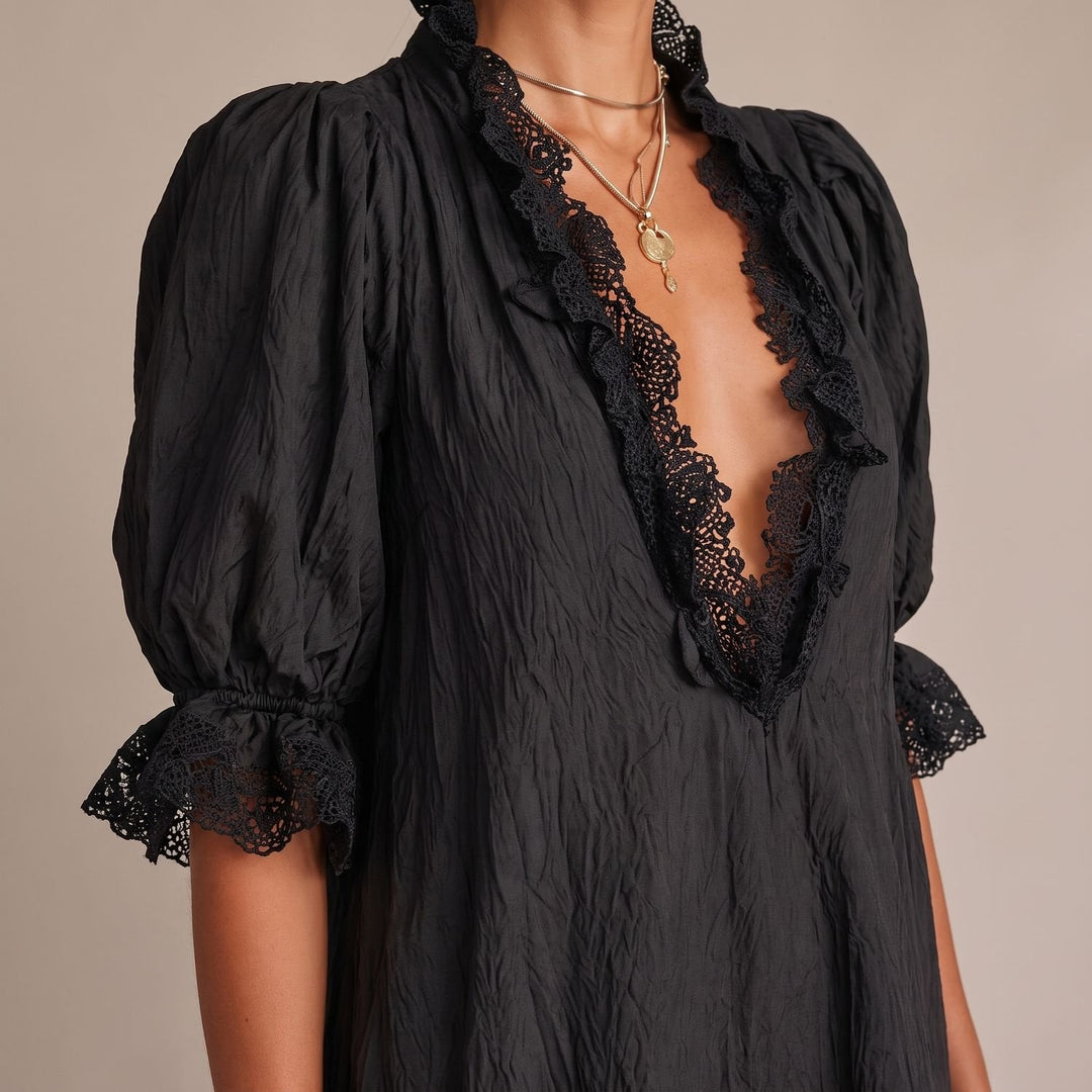 Velvindra | Women's Lace Trim Deep V-Neck Mini Dress - Black - Image 3