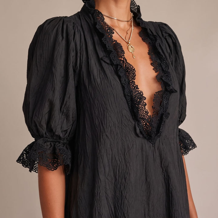 Velvindra | Women's Lace Trim Deep V-Neck Mini Dress - Black - Image 3