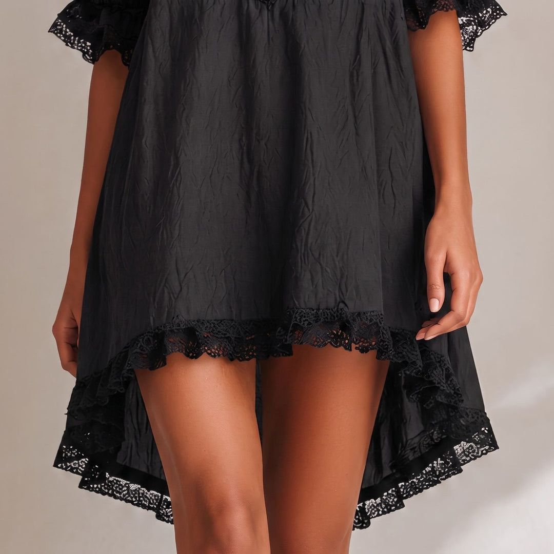 Velvindra | Women's Lace Trim Deep V-Neck Mini Dress - Black - Image 8