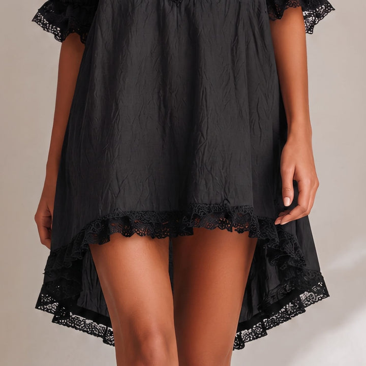 Velvindra | Women's Lace Trim Deep V-Neck Mini Dress - Black - Image 8
