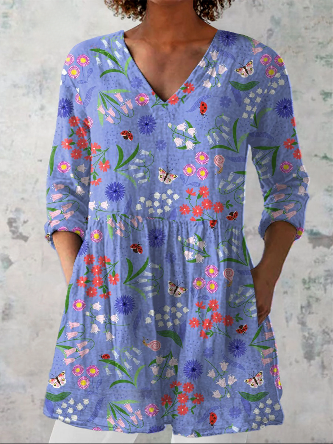 Verdana | Women's Boho Floral V-Neck Tunic Top - Blue - Image 1