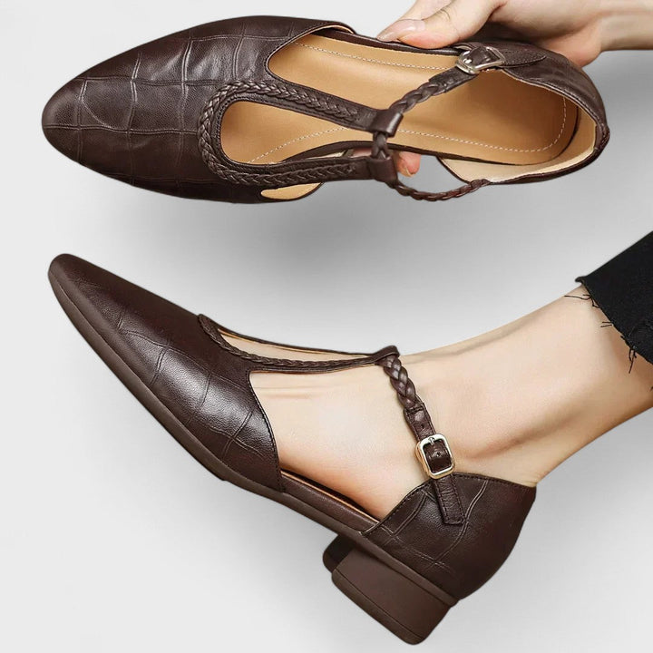 Verdine | Women's Orthopedic T-Bar Leather Flat Shoes - Dark Brown - Image 1